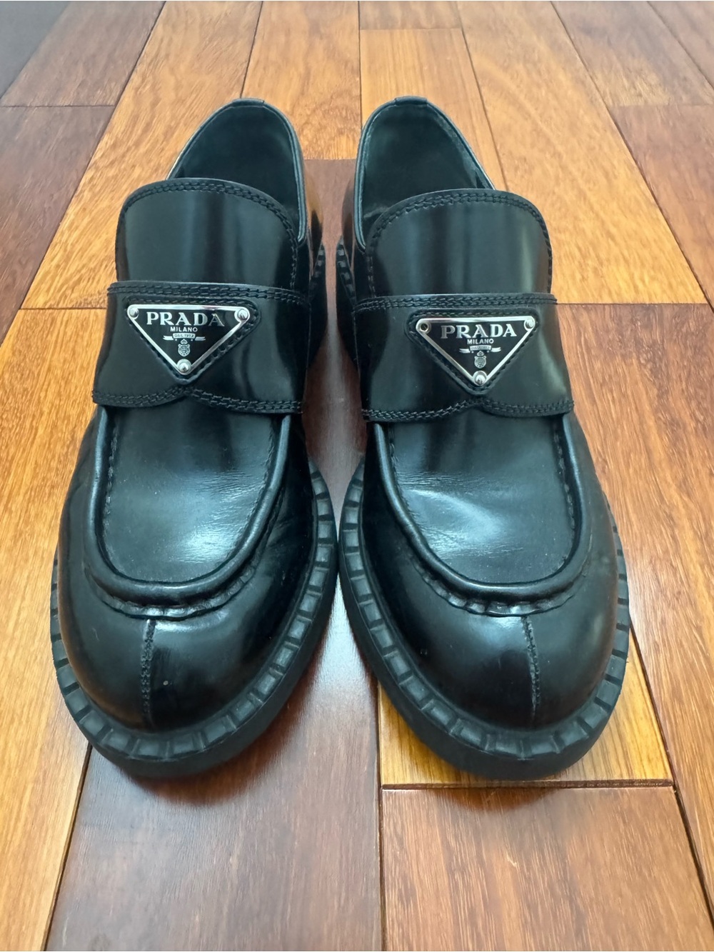 Prada Black Leather Logo Strap Loafers